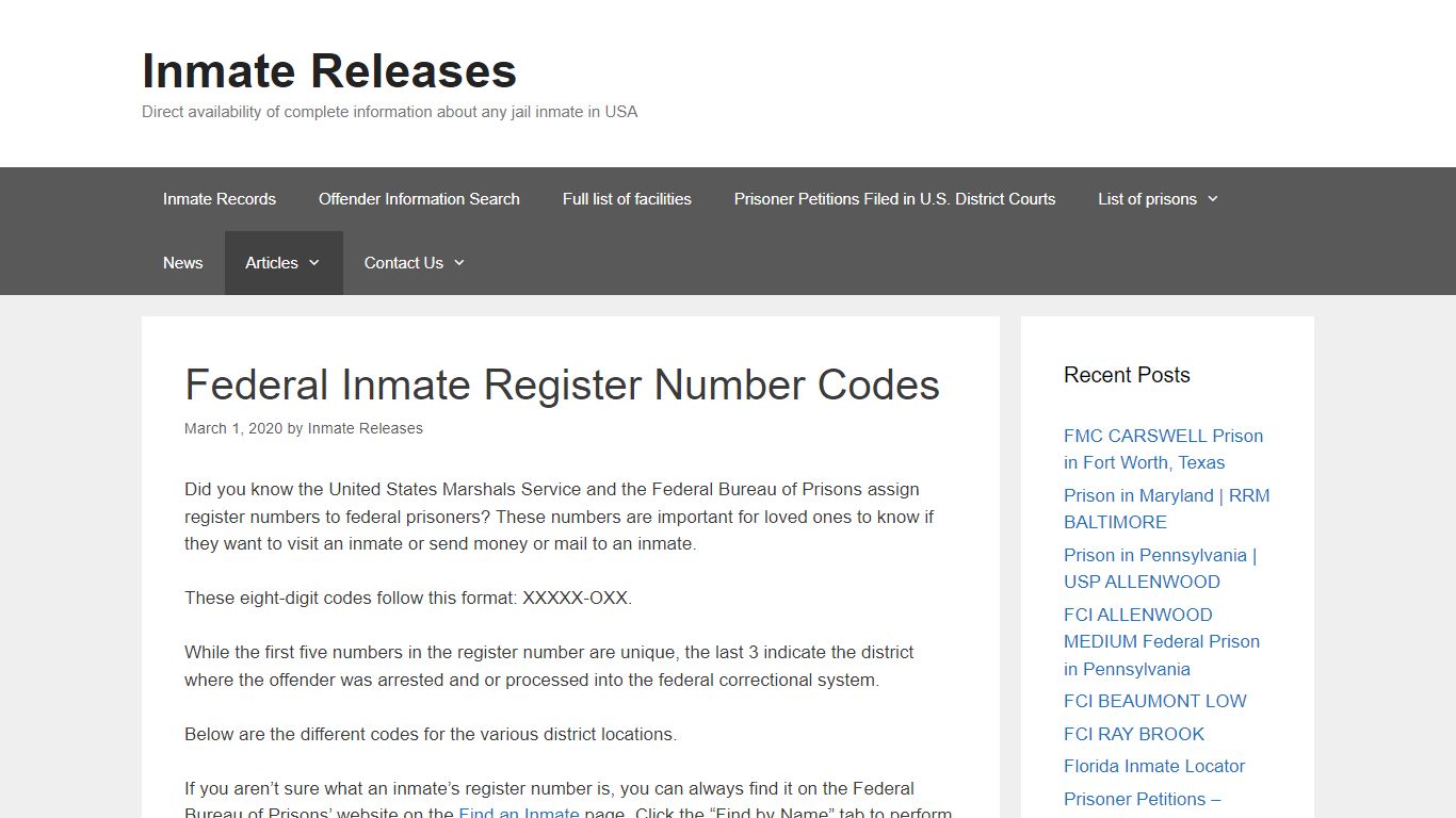 Federal Inmate Register Number Codes – Inmate Releases